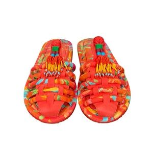 Farm Rio Tropical Tube Strap Beaded Tassel Sandal Slides Mules PLEASE READ